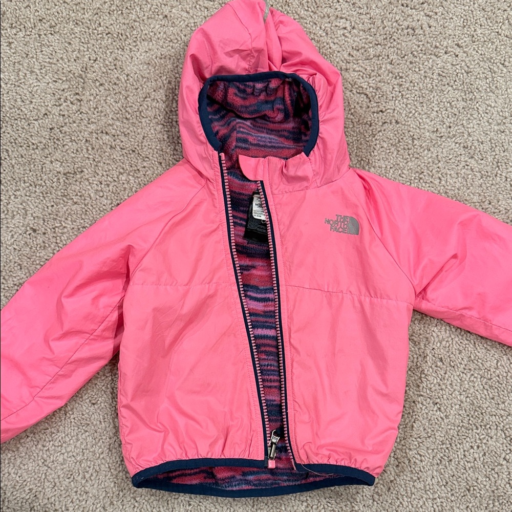 The North Face Bright Pink Hooded Windbreaker with Navy Trim